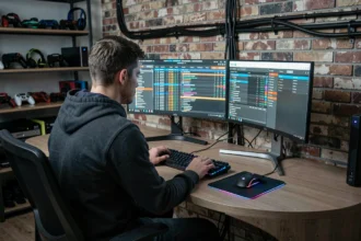 Administrateur de serveur FiveM configurant la liste CFX sur deux écrans dans un bureau gaming à domicile