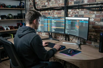 Administrateur de serveur FiveM configurant la liste CFX sur deux écrans dans un bureau gaming à domicile