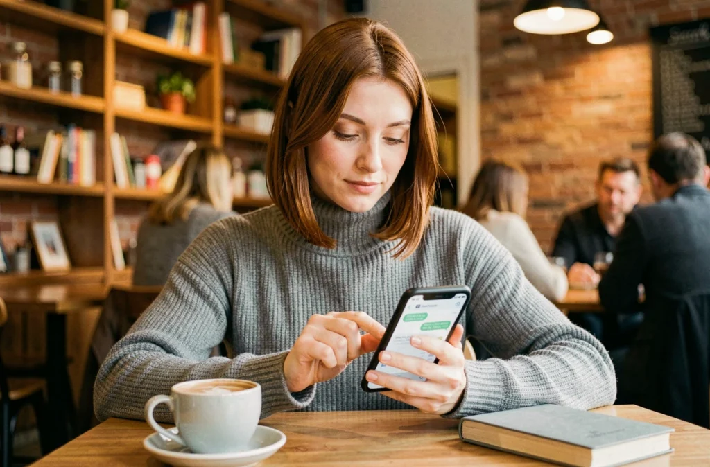 Femme utilisant une application de messagerie chiffrée sur smartphone dans un café pour protéger ses échanges privés