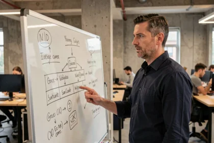 Architecte logiciel masculin analysant un diagramme de sécurité sur un tableau en verre dans un bureau technologique moderne