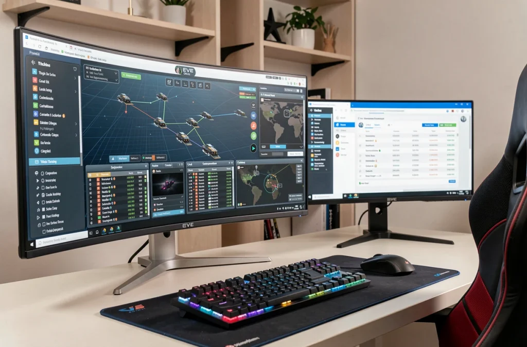 Bureau gaming Eve Online avec moniteur incurvé 21/9 affichant overlays et configuration étendue 1080p