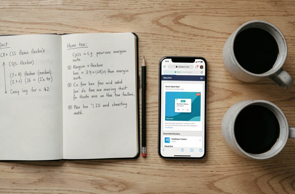 Vue aérienne d'un bureau avec des notes manuscrites sur le centrage CSS et un smartphone affichant une mise en page web