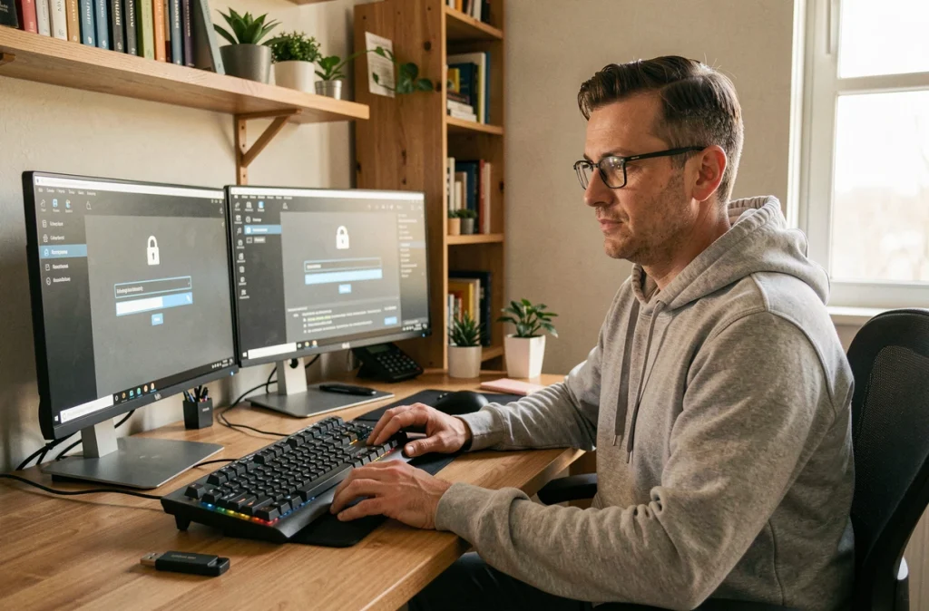 Homme utilisant un logiciel de chiffrement bureautique avec clé USB de sécurité sur son bureau à domicile