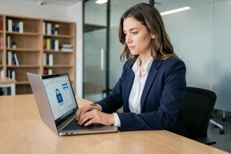 Femme professionnelle chiffrant des fichiers sensibles sur son ordinateur portable dans un bureau moderne