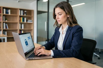 Femme professionnelle chiffrant des fichiers sensibles sur son ordinateur portable dans un bureau moderne