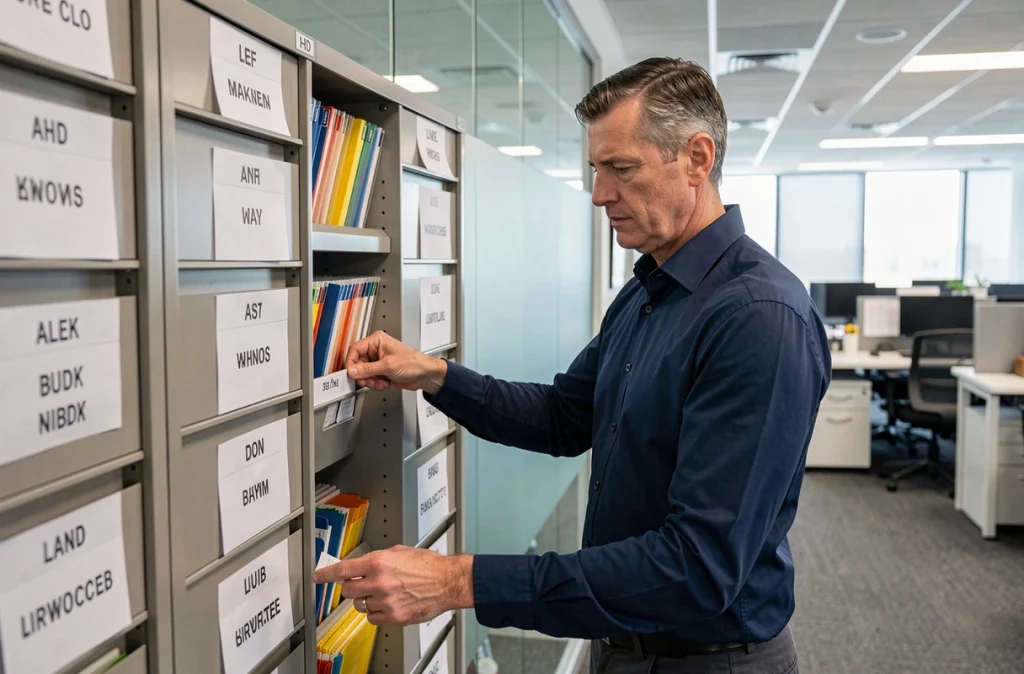 Homme classant des dossiers suspendus dans un meuble de bureau dans un open space professionnel