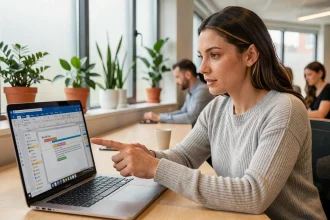 Femme travaillant en collaboration sur un document Word en temps réel dans un bureau moderne