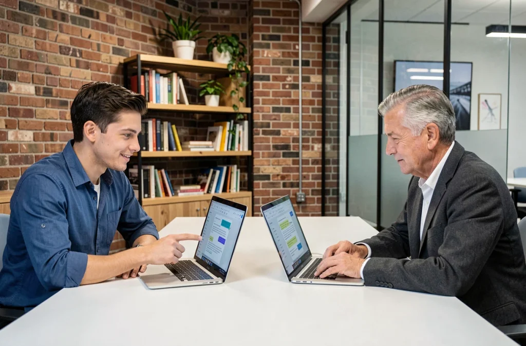 Deux collègues masculins collaborant en temps réel sur un document Microsoft Word dans un espace de coworking