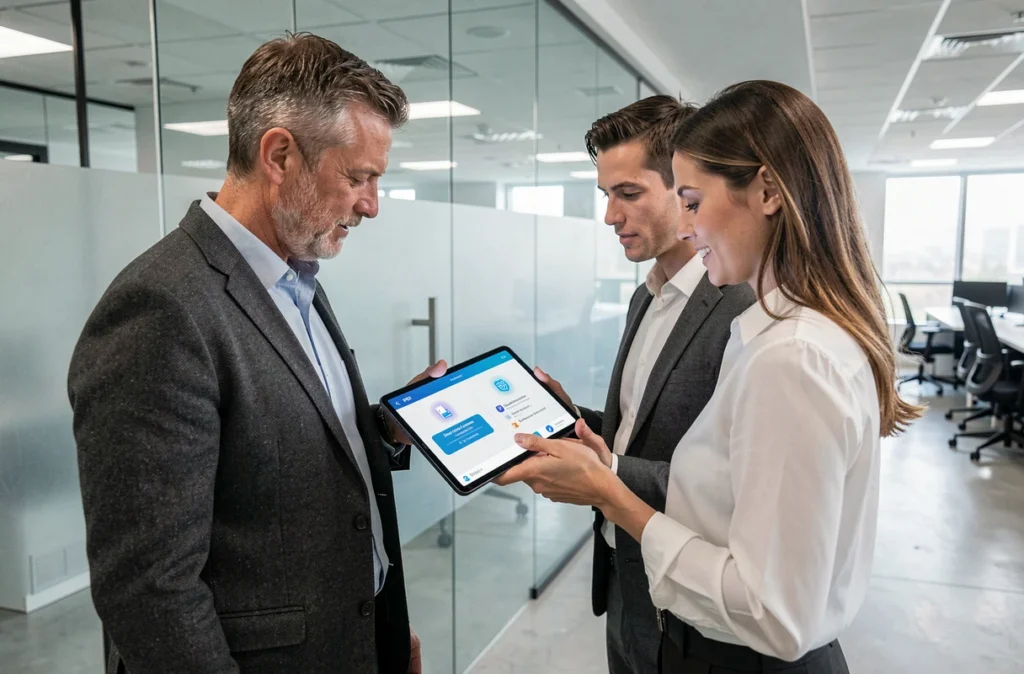 Deux professionnels comparant un téléphone PGP et une application chiffrée classique sur tablette dans un bureau d'entreprise