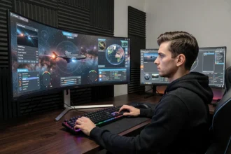 Configuration double écran Eve Online avec écran ultra-large 21/9 et overlays HUD en 1080p étendu