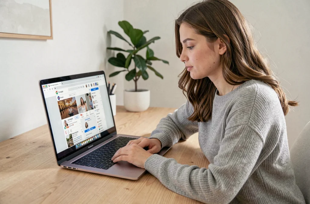 Jeune femme consultant un compte Instagram depuis un navigateur web sur son ordinateur portable dans un bureau à domicile