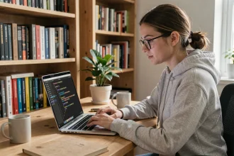 Jeune femme développeuse débutante écrivant du code Python sur un ordinateur portable dans un bureau à domicile confortable