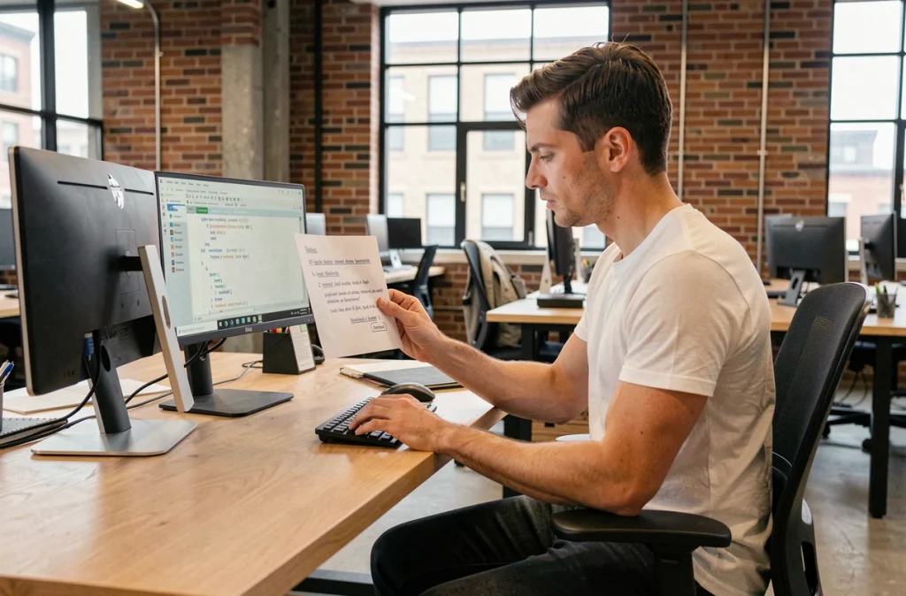 Développeur débutant consultant un guide sur les modules Python dans un espace de coworking moderne