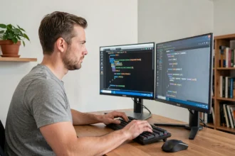 Développeur web concentré devant un double écran affichant du code CSS pour centrer un élément div
