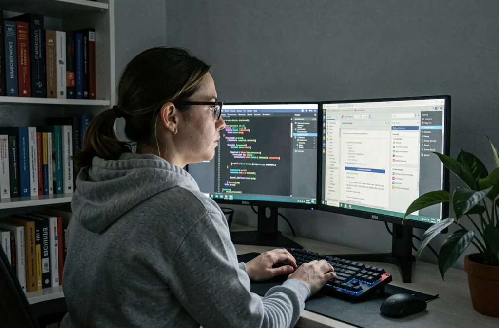 Développeuse féminine travaillant sur un modèle de sécurité devant deux écrans affichant du code et de la documentation