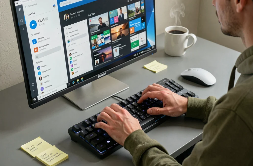 Gros plan sur un écran Windows 11 affichant les fonctions Focus Sessions et Task View avec des mains sur un clavier mécanique