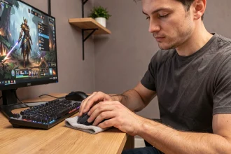 Homme nettoyant une souris MMO avec un chiffon microfibre sur un bureau gaming en bois, entretien et durabilité du matériel informatique