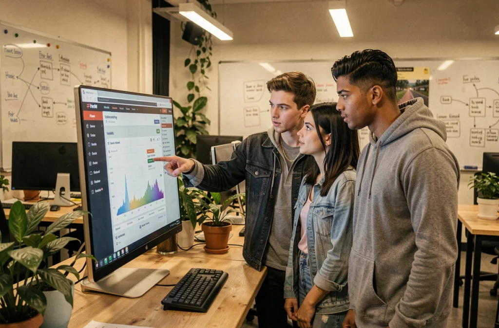 Équipe de développeurs collaborant pour optimiser la visibilité d'un serveur FiveM sur la liste CFX dans un espace de coworking