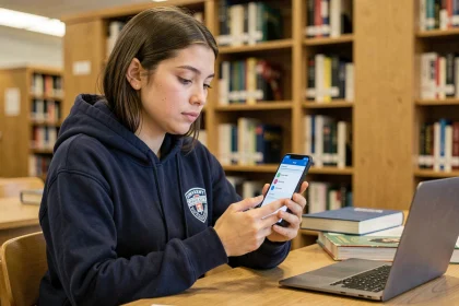 Étudiante activant les notifications Zimbra sur son smartphone Android dans une bibliothèque universitaire