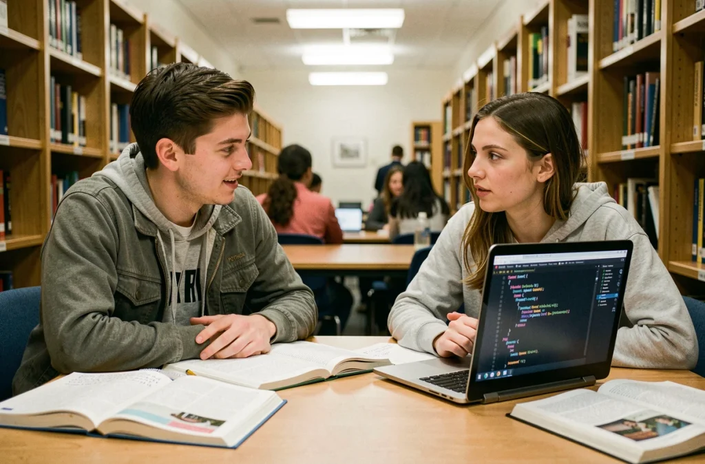 Deux étudiants débutants apprenant la structure des modules Python ensemble dans une bibliothèque universitaire