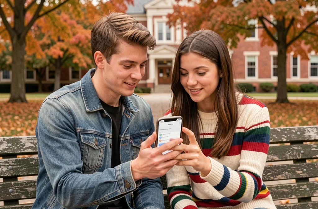 Deux étudiants consultant les paramètres de notifications Zimbra sur un iPhone en plein air sur le campus universitaire