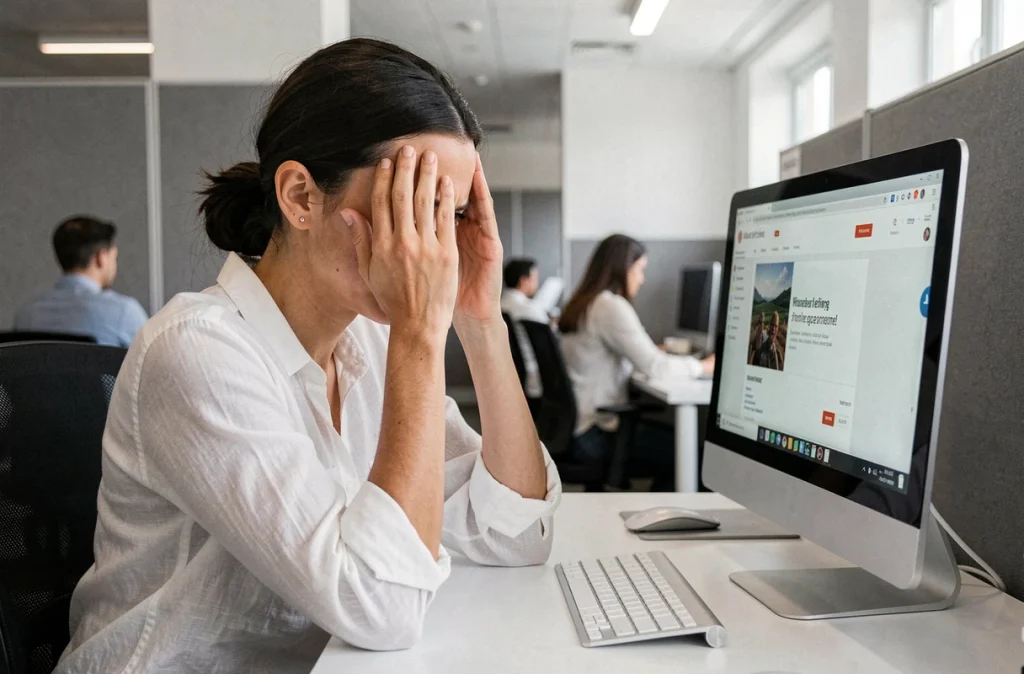 Femme dans un bureau moderne semblant étourdie face à un écran d'ordinateur avec l'effet de rotation de Google activé