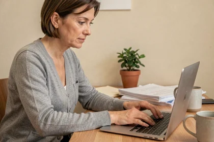Femme tapant sur un clavier d'ordinateur portable pour saisir un C cédille majuscule