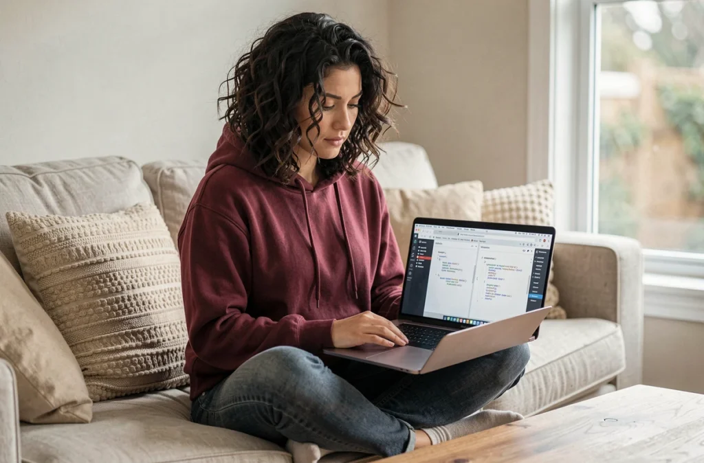 Femme développeuse corrigeant une erreur de centrage d'élément HTML sur son ordinateur portable
