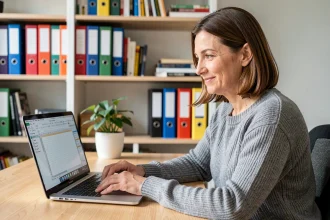 Femme utilisant LibreOffice Calc sur un ordinateur portable dans un bureau à domicile moderne