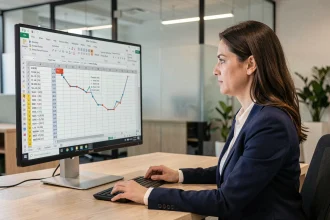 Femme professionnelle utilisant un modèle de feuille de calcul sur un grand écran pour automatiser ses rapports d'entreprise