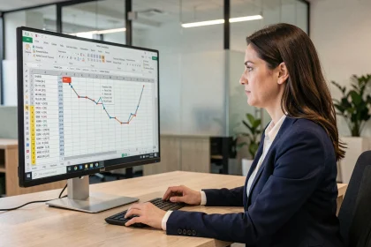 Femme professionnelle utilisant un modèle de feuille de calcul sur un grand écran pour automatiser ses rapports d'entreprise