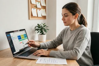Femme travaillant sur un ordinateur portable Windows avec un planificateur de tâches affiché, dans un bureau à domicile organisé