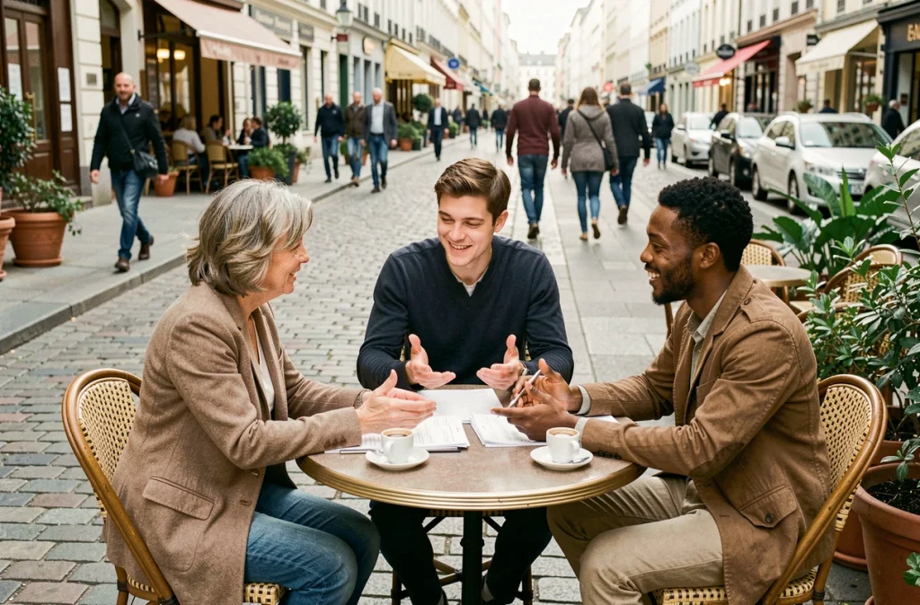 Groupe de trois adultes en discussion animée autour d'une table de café en terrasse, papiers éparpillés, illustrant le débat et la réflexion collective sur des idées reçues
