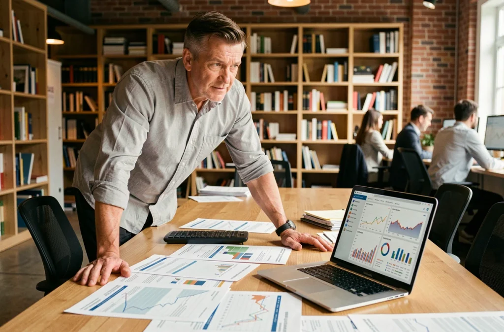 Homme d'affaires analysant des rapports automatisés issus de modèles de feuilles de calcul sur un bureau de réunion