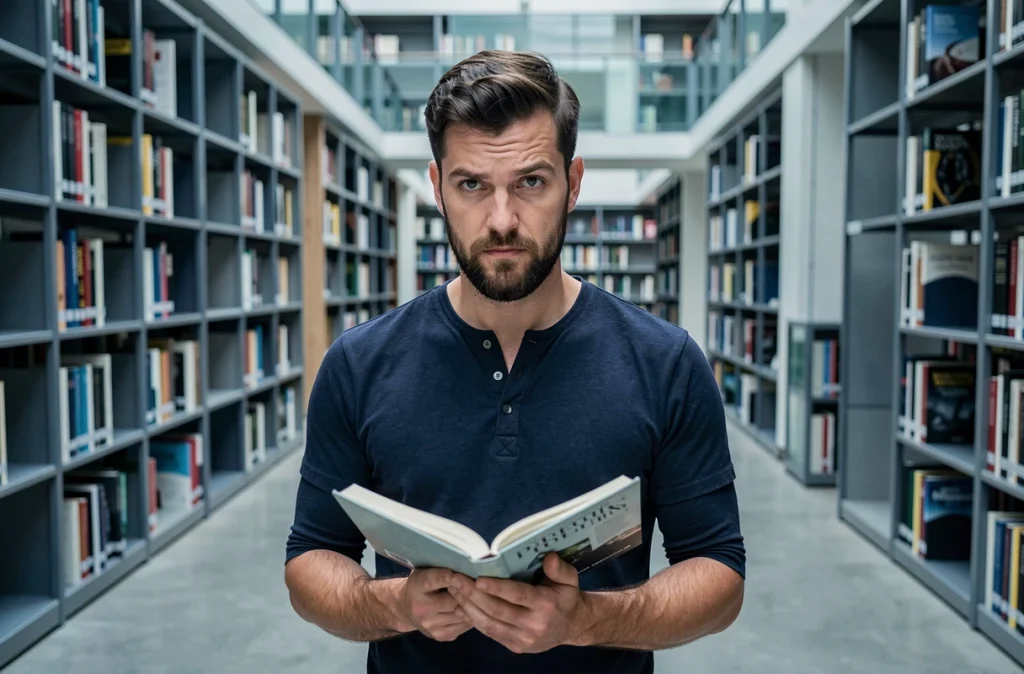 Homme barbu debout dans une bibliothèque moderne tenant un livre ouvert, regard sceptique face caméra, symbolisant la déconstruction des idées préconçues