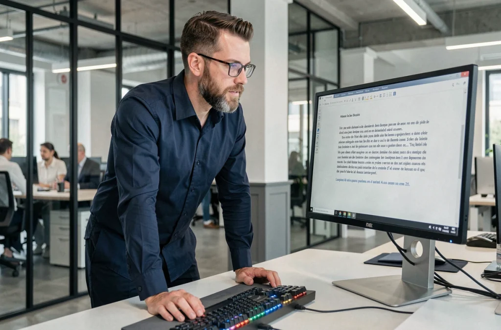 Homme en bureau open space consultant un document Word avec caractères accentués sur écran