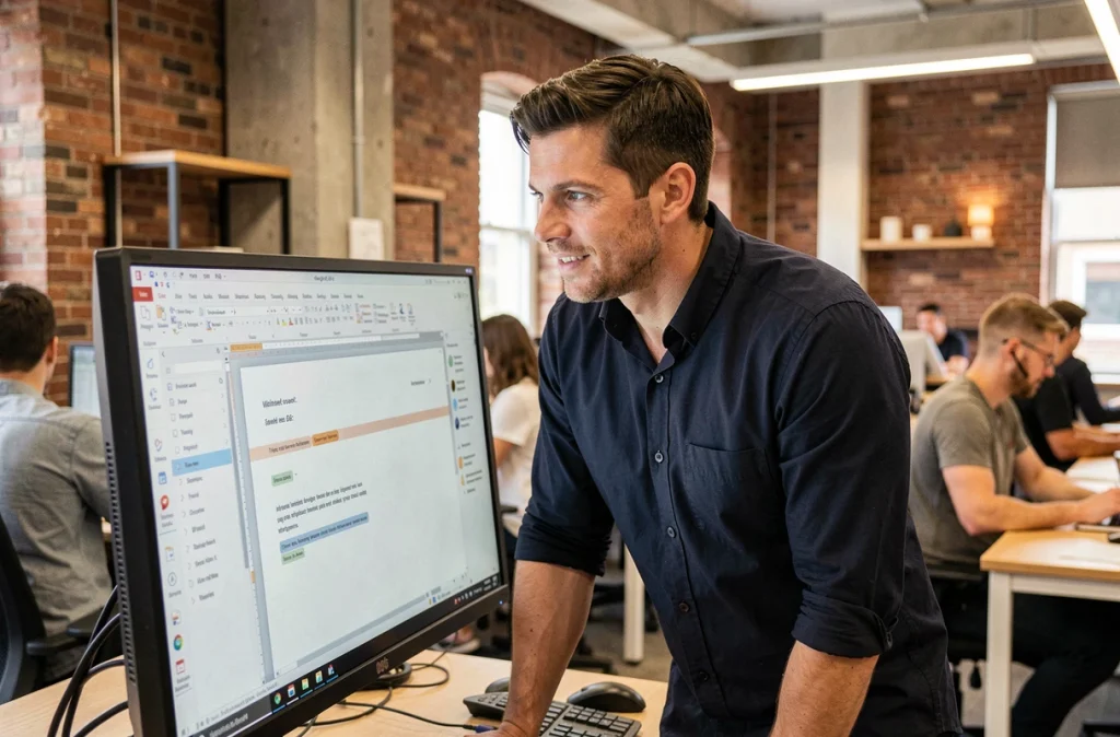 Homme consultant un document LibreOffice Writer avec suivi des modifications dans un espace de coworking