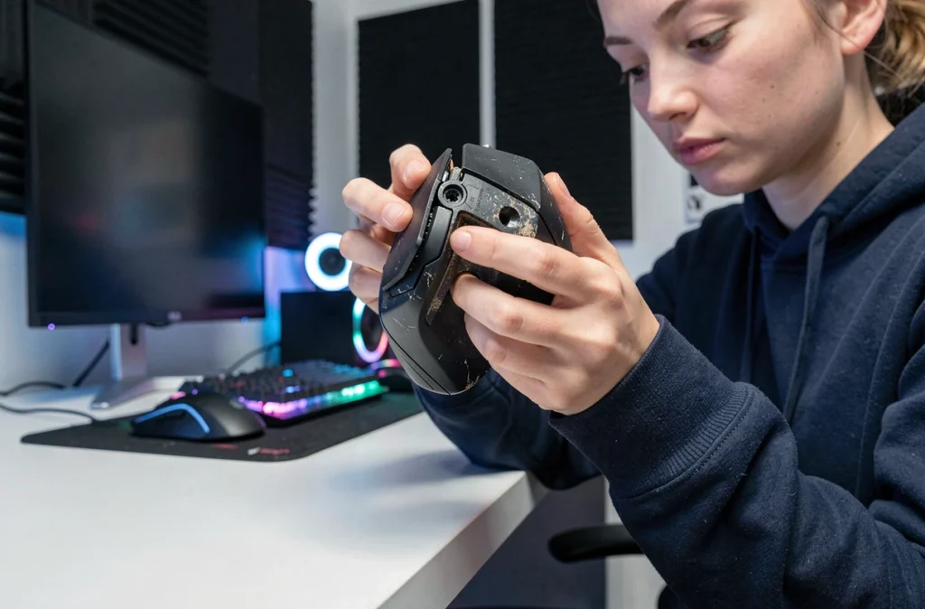 Femme inspectant le dessous d'une souris MMO pour vérifier les patins et le capteur, maintenance et durabilité du périphérique gaming