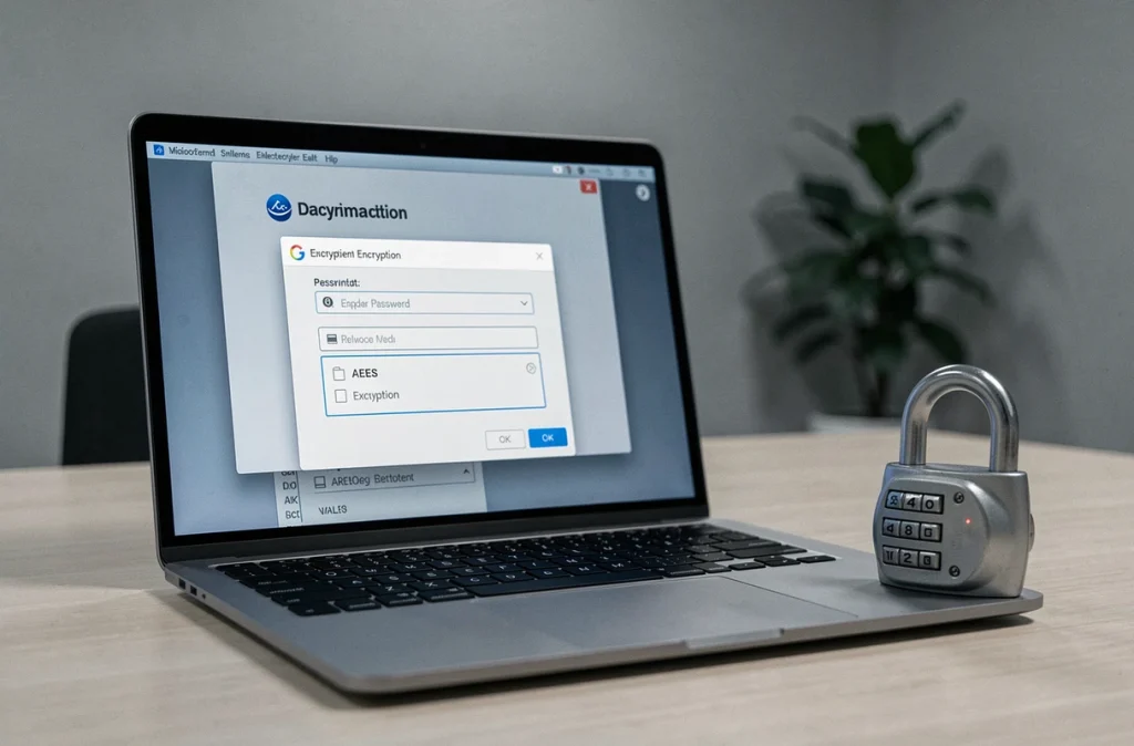Cadenas physique posé près d'un écran affichant une interface de chiffrement de documents bureautiques