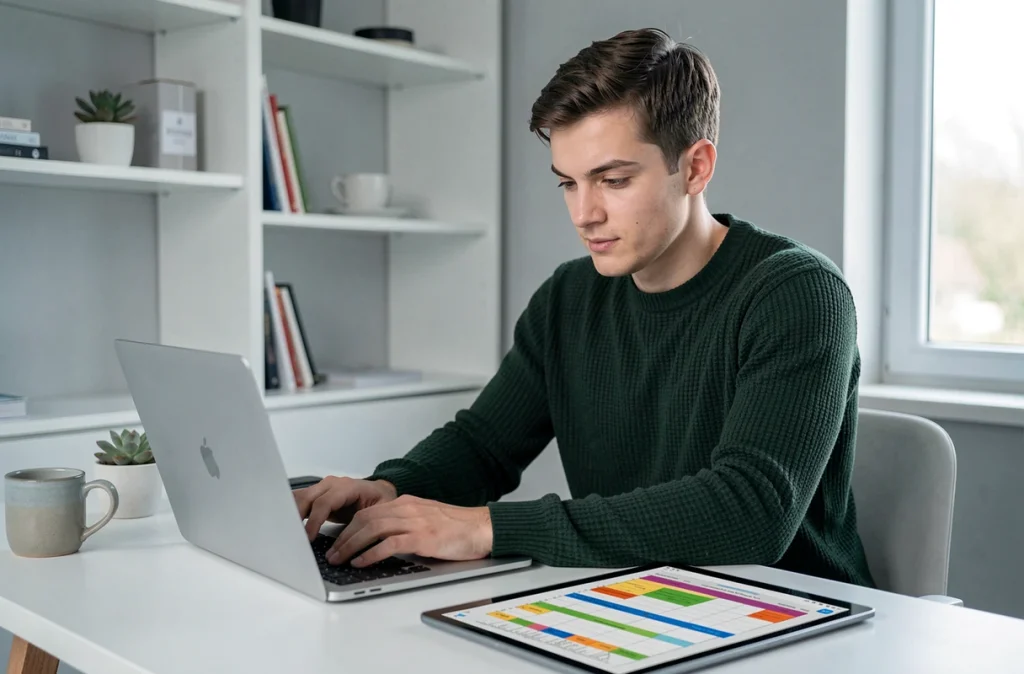 Jeune professionnel utilisant des modèles de tableurs sur laptop et tablette dans un bureau à domicile moderne