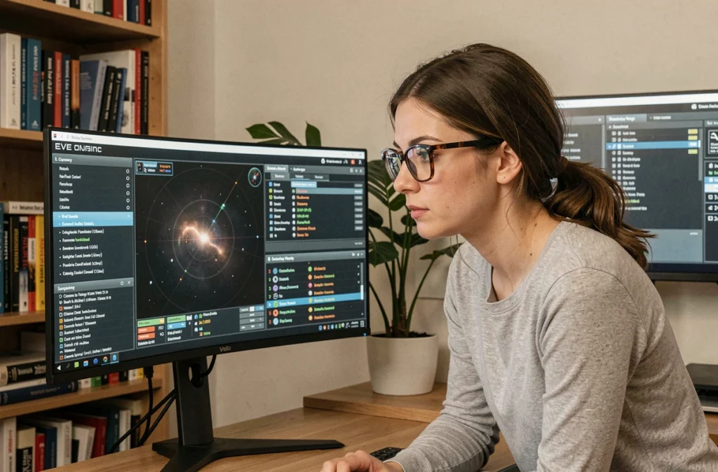Joueuse Eve Online configurant overlays sur écran 21/9 étendu en 1080p dans un espace bureau moderne