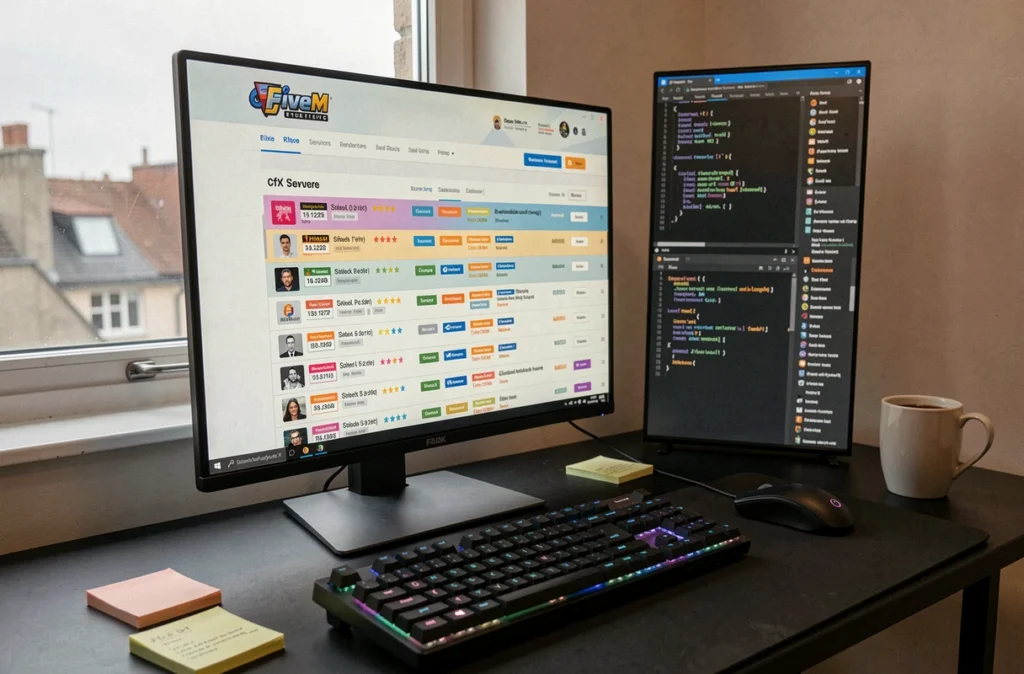 Écran affichant la liste de serveurs FiveM sur le site officiel cfx.re avec des statistiques de joueurs visibles