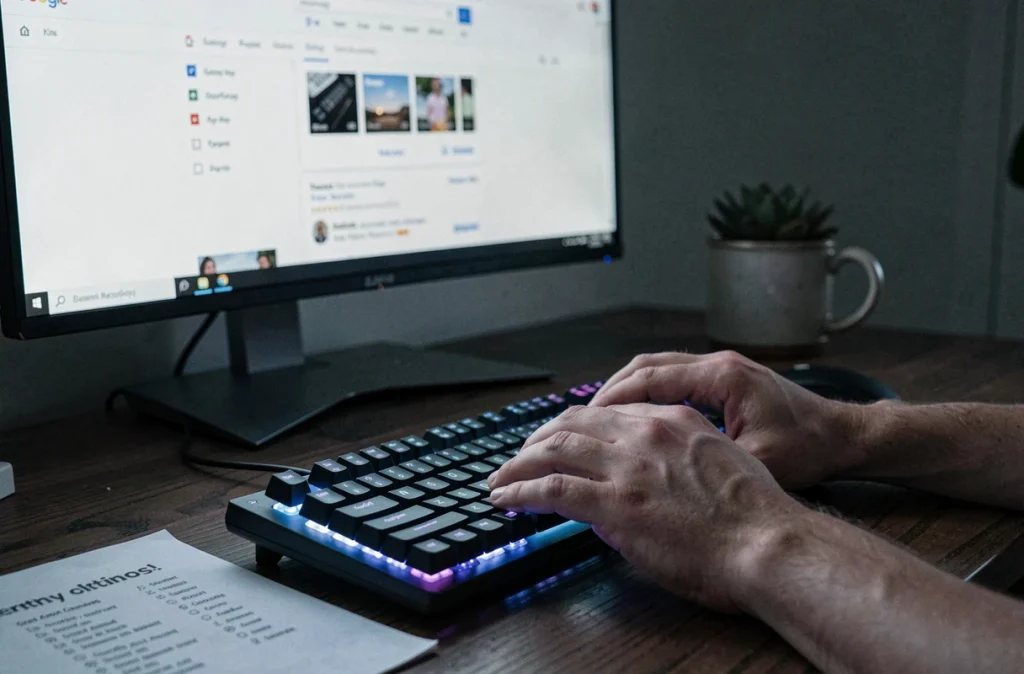 Mains sur un clavier mécanique devant un écran affichant la page Google en rotation avec l'effet Do a Barrel Roll
