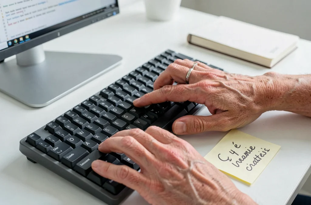 Mains utilisant un raccourci clavier pour taper le C cédille majuscule avec note manuscrite