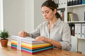 Femme organisant des dossiers colorés sur un bureau en bois dans un espace de travail soigné à domicile
