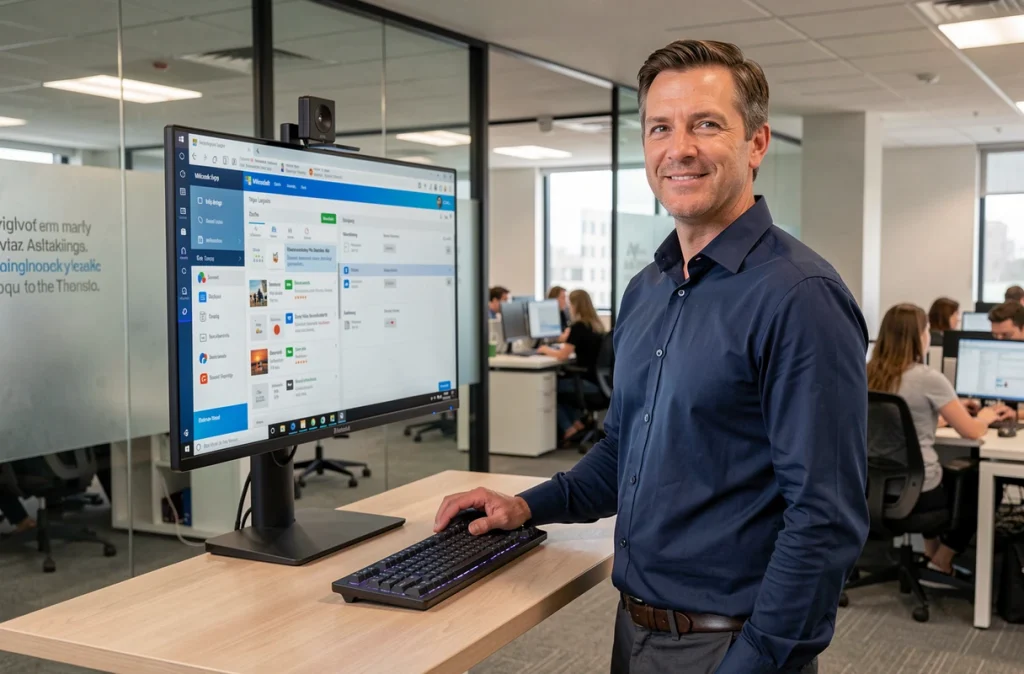 Homme debout devant un grand écran Windows affichant des outils de gestion de tâches dans un bureau en open space moderne