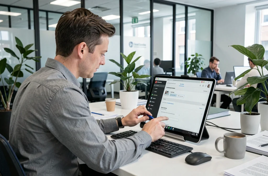 Membre du personnel universitaire configurant les notifications Zimbra sur une tablette dans un bureau moderne