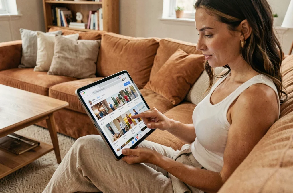 Femme parcourant un compte Instagram depuis un navigateur sur tablette dans un salon confortable sans utiliser l'application