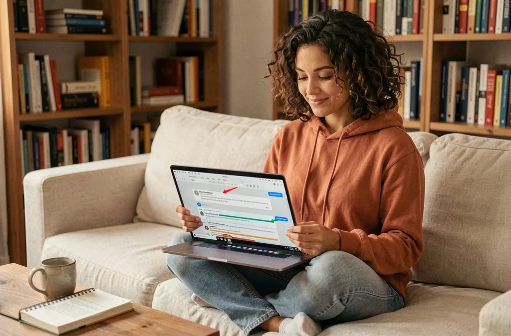 Jeune femme collaborant à distance sur un document Word en temps réel depuis son domicile
