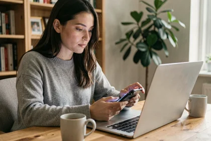 Femme transférant des photos depuis son smartphone vers Google Photos sur un ordinateur portable dans un bureau à domicile
